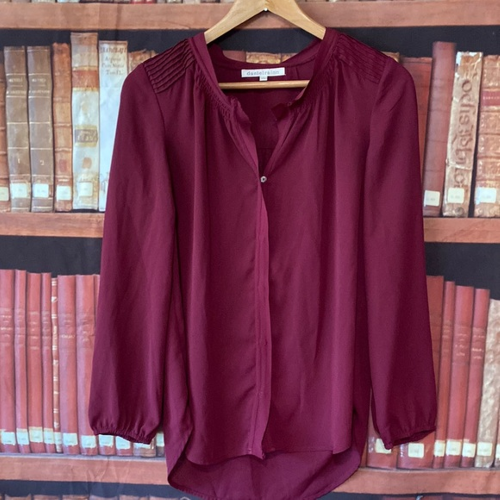 Daniel Rainnβ burgundy pin tuck accent sheer blouse XS